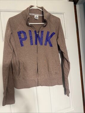 PINK Victoria's Secret Brown Zip-Up Jacket with Blue Logo